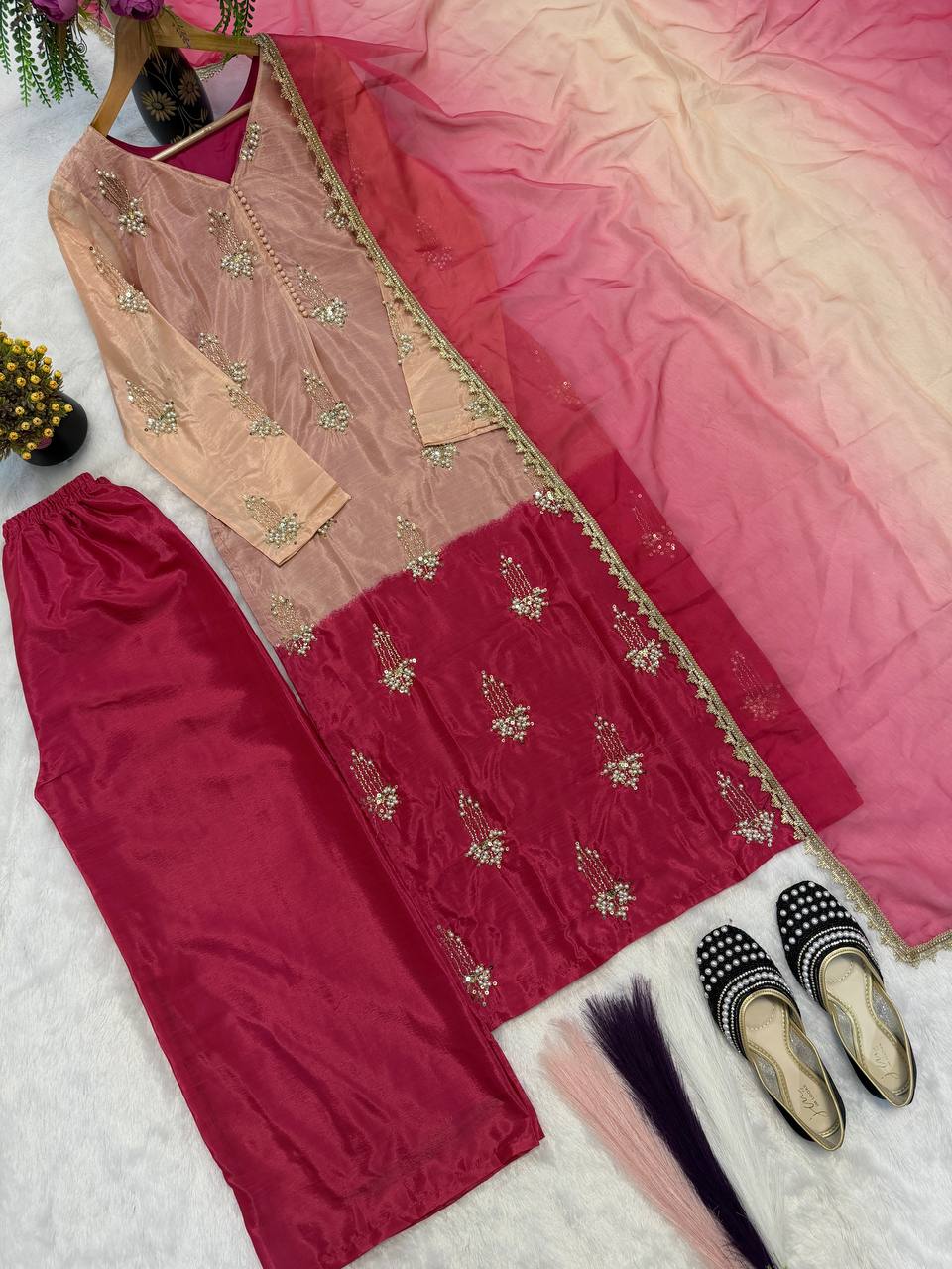 Modern Pearl-Drop Two-Tone Silk Suit